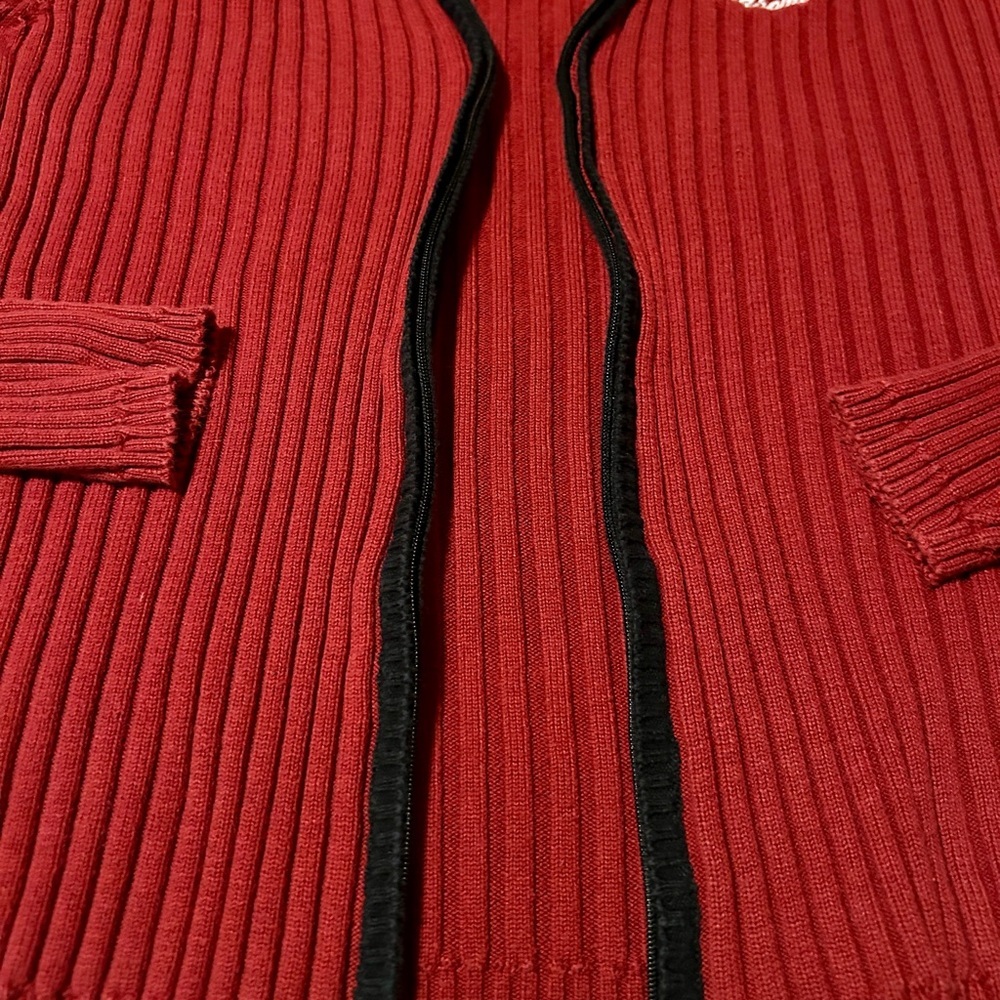 University of Oklahoma Red Ribbed Zip-Up Cardigan with Embroidered OU Logo - Picture 4 of 4